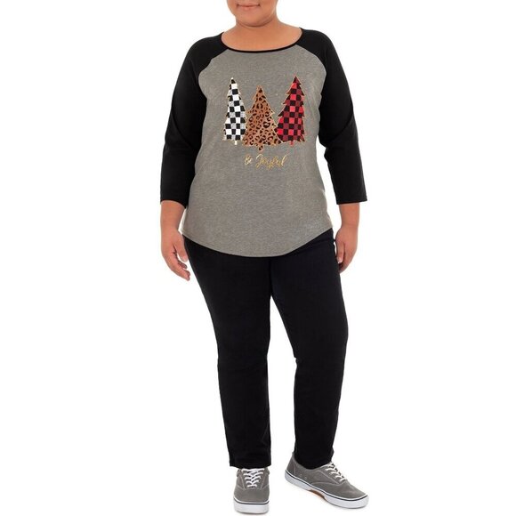 Holiday Time 1X Gray Long Sleeve T-Shirt With Plaid & Leopard Christmas Trees - Picture 2 of 6